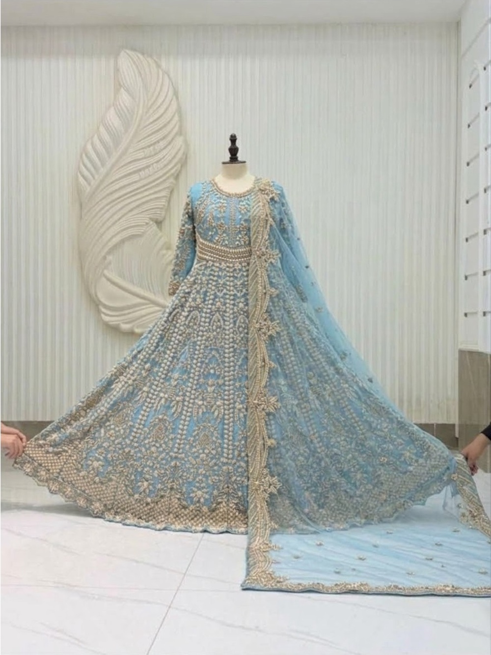 Powder Blue Embroidered Maxi Dress with Matching Dupatta